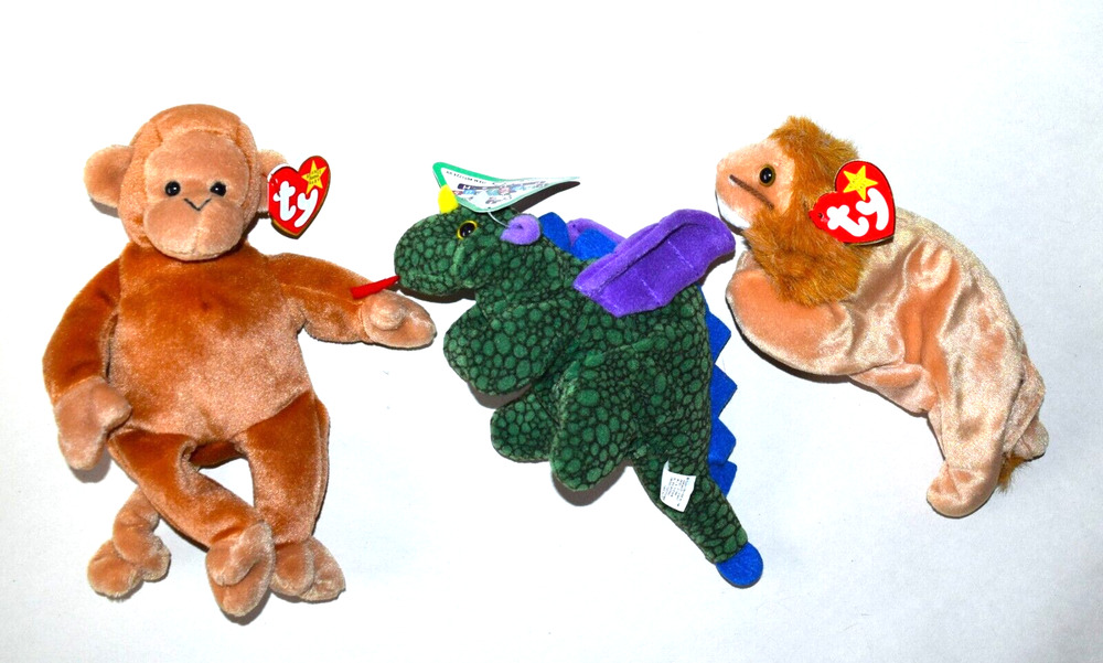 Vtg Lot of 3 Monkey Lion Dinosaur TY &Prectious Plush Toy